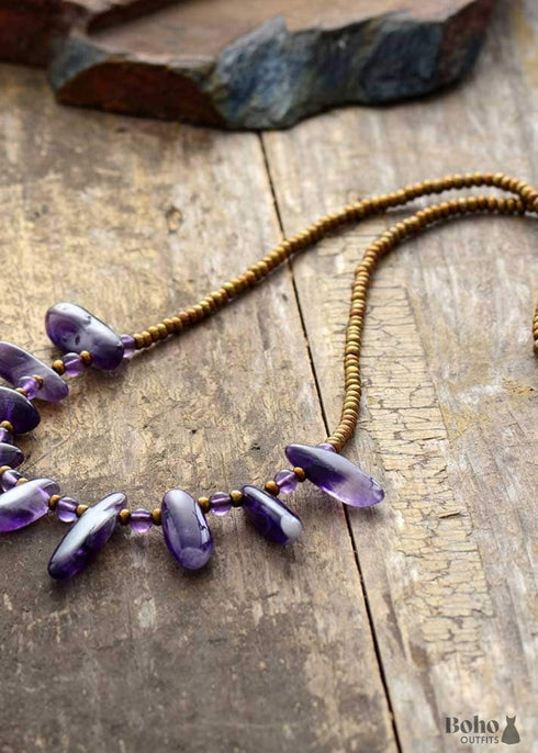 Boho Necklace, Choker Necklace, Amethysts, Natural Stone Beads, Seeds